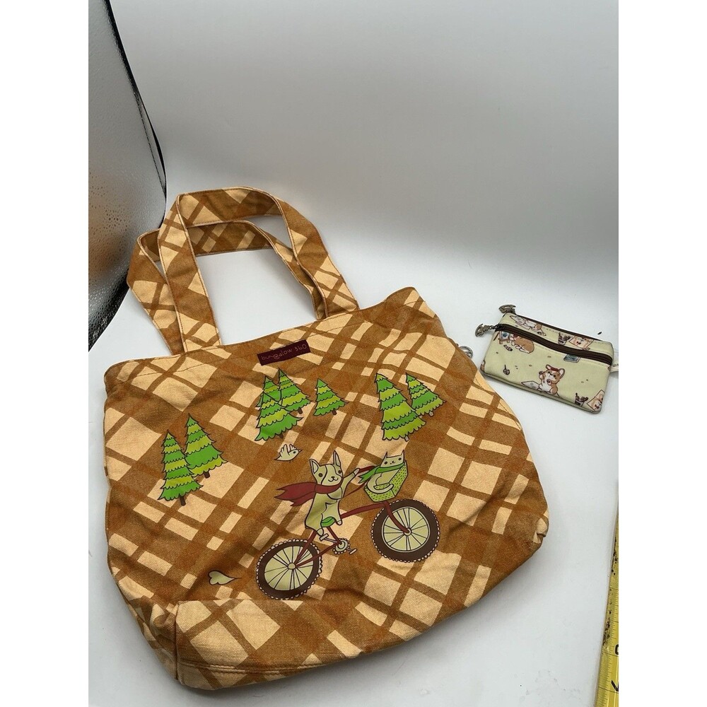 Bungalow 360 Dog Cat Bicycle Canvas Tote Bag Brown Plaid Cute Kawaii Purse